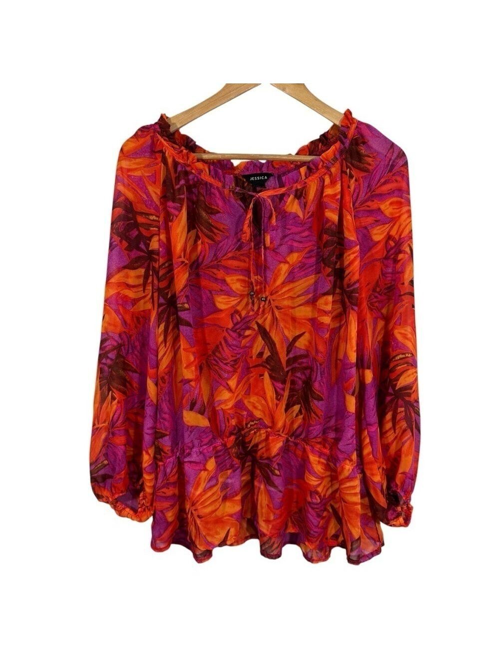 Vintage Tropical Sheer Peasant Blouse Orange Purple Floral Top Wide Sleeve EUC
